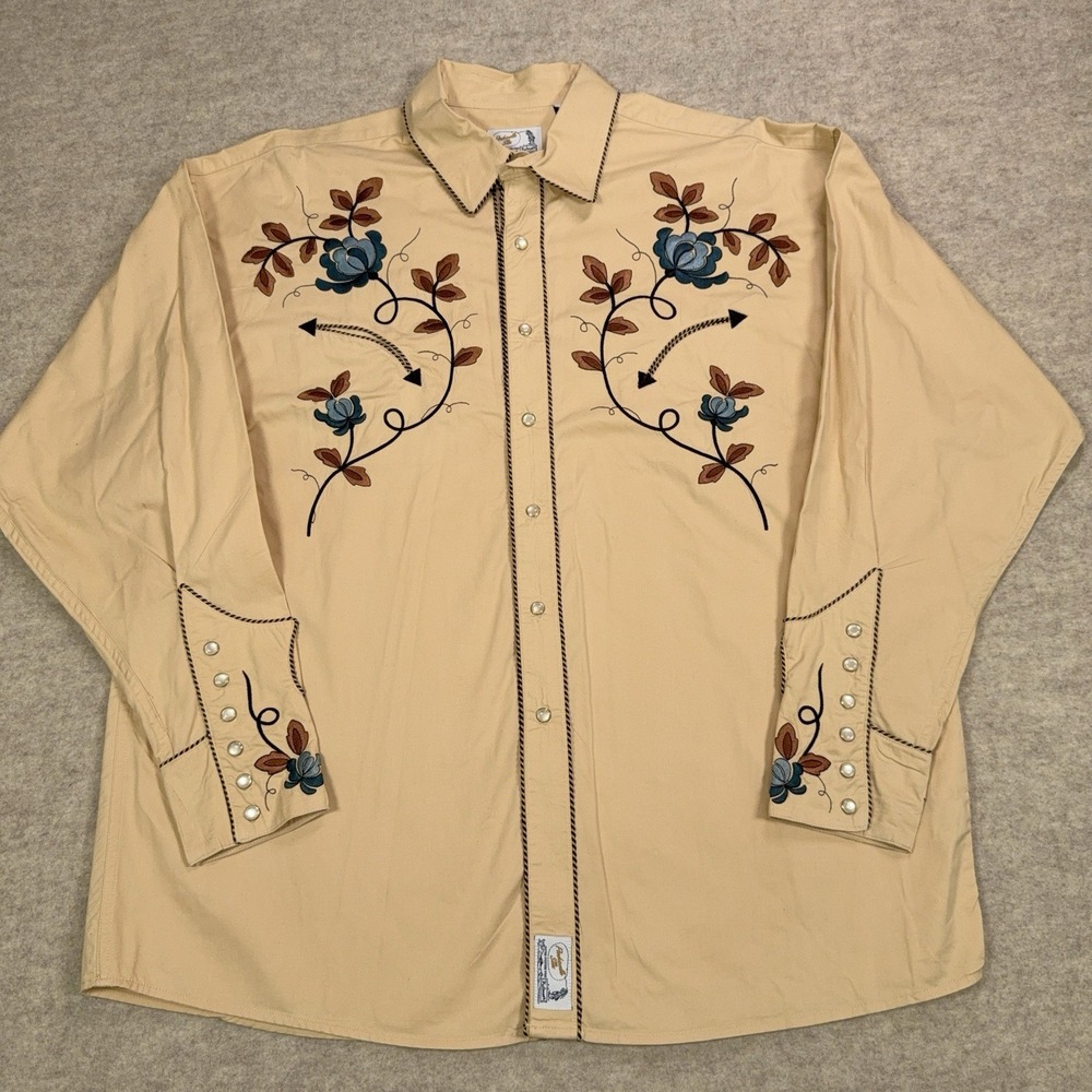 Panhandle Slim Western Shirt XL Floral Embroidered Pearl Snap Smile Pockets Yoke
